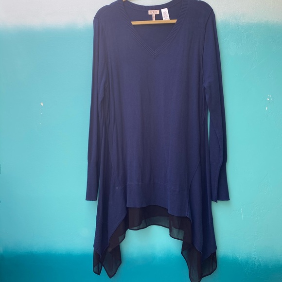 LOGO long soft dark blue sweater w sheer blck trim - Picture 1 of 4